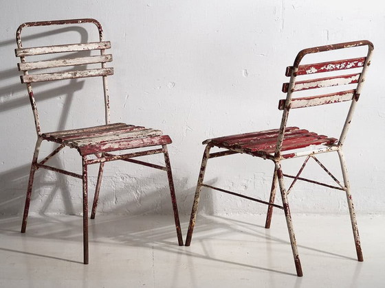 Antique red and white terrace chairs (c.1920). Set of 4 pieces – Garden chairs, Wood, Iron (photo 20 of 40)