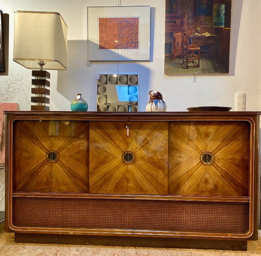 Vintage kast van riet en marqueterie met ingebouwde Grundig tv, platenspeler en antieke radio. – tv meubelen, Rattan, Wood