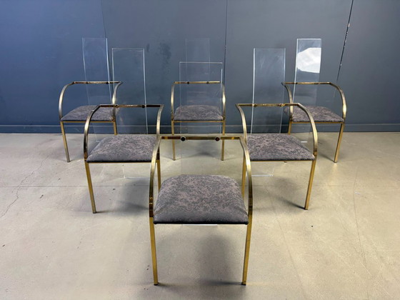 Sillas de comedor de latón y metacrilato de Belgochrom, década de 1970 - Juego de 6 – Plexiglass, Textile (photo 3 of 12)