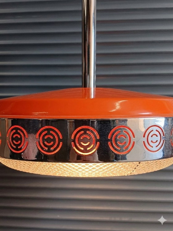 Image 1 of Lampada a sospensione vintage "UFO" in stile Space Age | Massive Belgium | Arancione e cromo - Anni '70