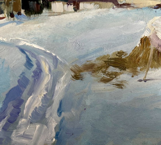 Image 1 of Origineel olieverfschilderij: Winterdorplandschap, comfort tijdens een winternacht.