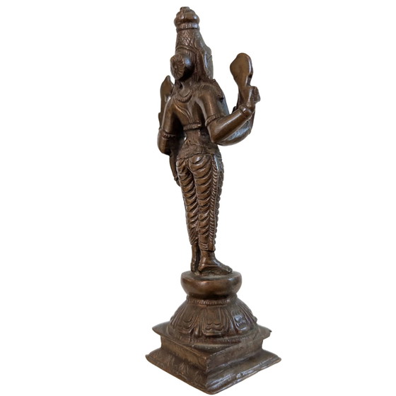 Antique Bronze Vishnu Statue – South India – ca. 1920 – 17 cm – 520 g – Sculpture (photo 4 of 10)