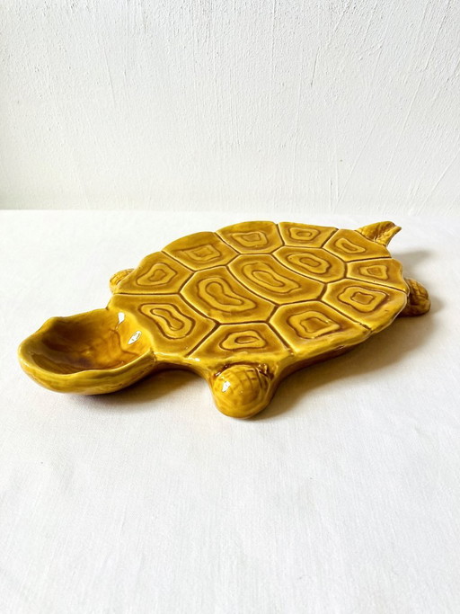 Gran plato tortuga de loza amarillo mostaza, vintage años 1950-1970