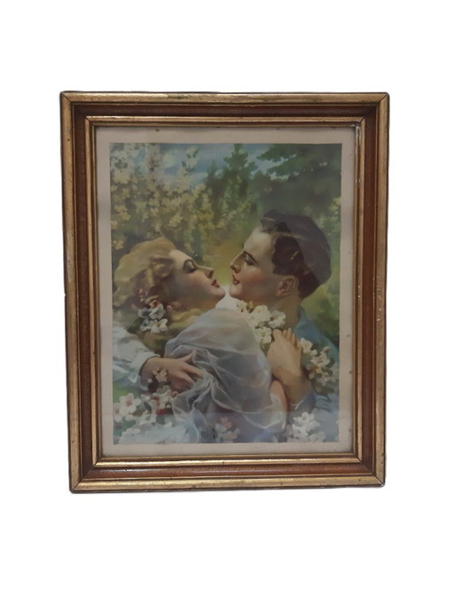 Vintage framed lithograph - couple in love