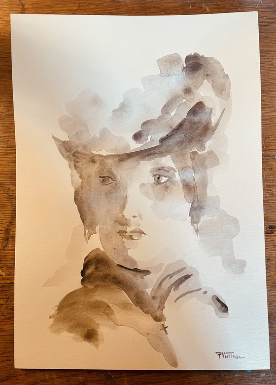 Image 1 of Pintura firmada en acuarela, monocromática, sepia, retrato femenino "Luz"