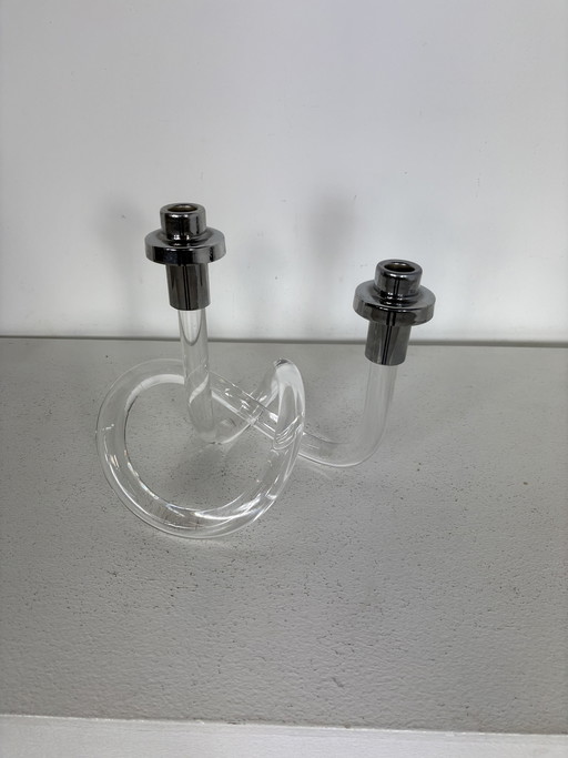LUCITE CHROME TWISTED PRETZEL CANDLE HOLDER BY ELAINE BSCHEIDER FOR DOROTHY THORPE INC
