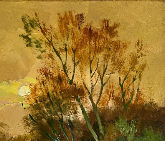 Image 1 of Origineel olieverfschilderij: Herfstboslandschap. Een rustige avond in oranje tinten.