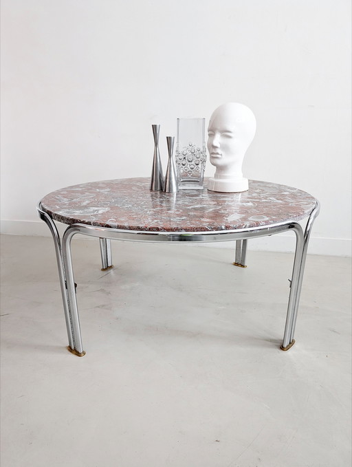 Vintage Red Marble & Chrome Coffee Table 1970'S 