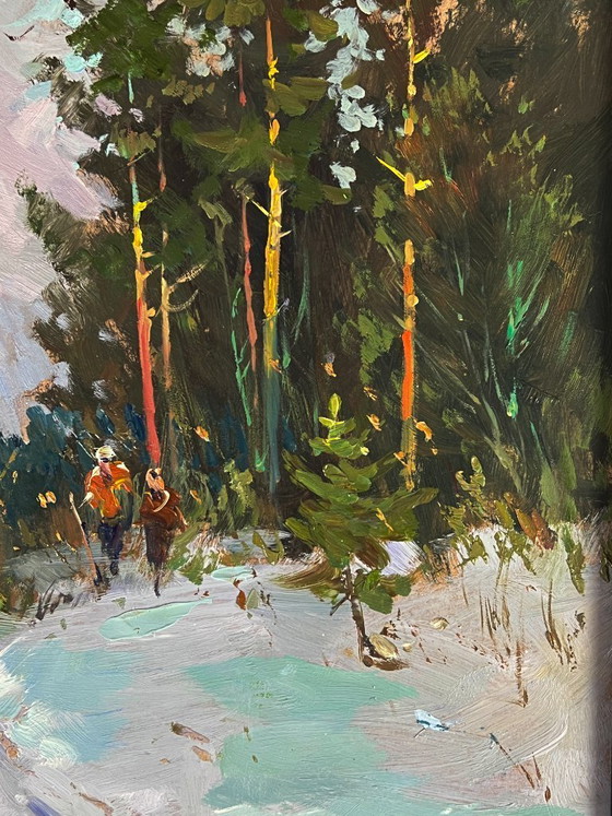 Image 1 of Peinture à l'huile originale, paysage naturel, pins enneigés, promenade dans la forêt hivernale