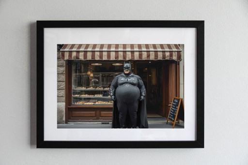 Fotografia stampata e incorniciata / cornice decorativa / edizione limitata / firmata / Batman davanti a una panetteria