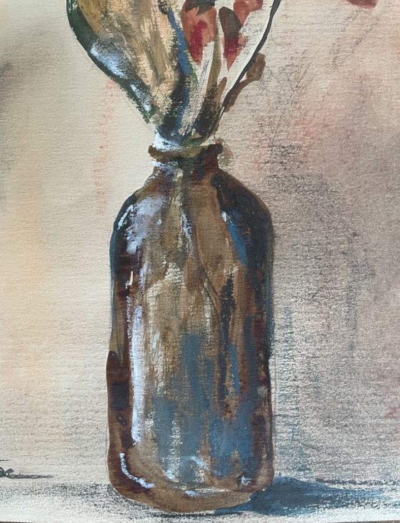 Image 1 of Watercolor and pastel still life painting "Vase of Dried Flowers"