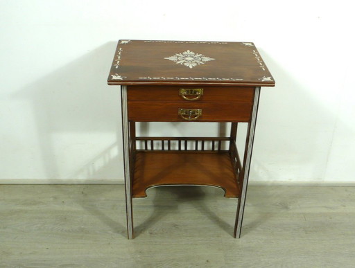 Side table Sewing table Art Nouveau around 1910, walnut + cream accents