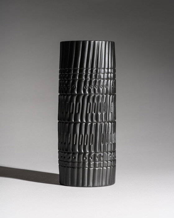 Image 1 of Zeldzame Werner Schreib Bamboo Op-Art Relief Rosenthal Bisque Porcelaine Noire Vaas