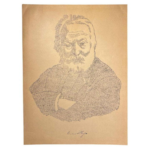 Portrait Calligramme Victor Hugo, Affiche Lithographique d'après M. Gaillard, Fin du XIXe siècle