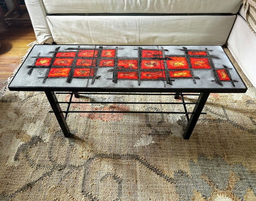 Cloutier coffee table in glazed lava ceramic and lacquered metal. France, 1970s