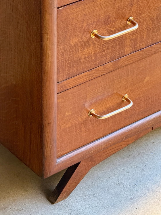 50s/60s Vintage Wooden Dresser with Compass Legs, Chest of drawers, Gold, Mid Century Modern (photo 14 of 17)