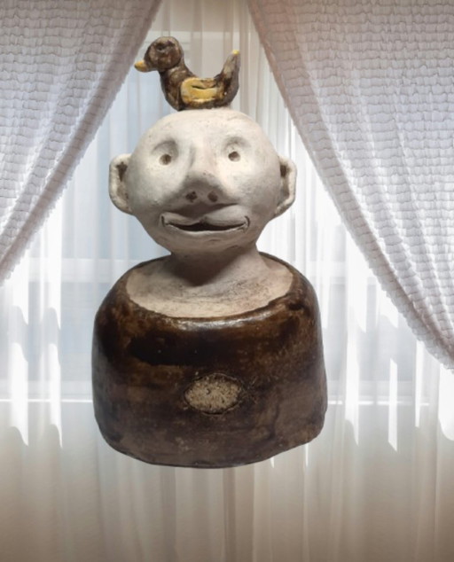 (W006) Unique Folk Art Ceramic Sculpture – "The Happy Bald Man with a Duck on His Head"