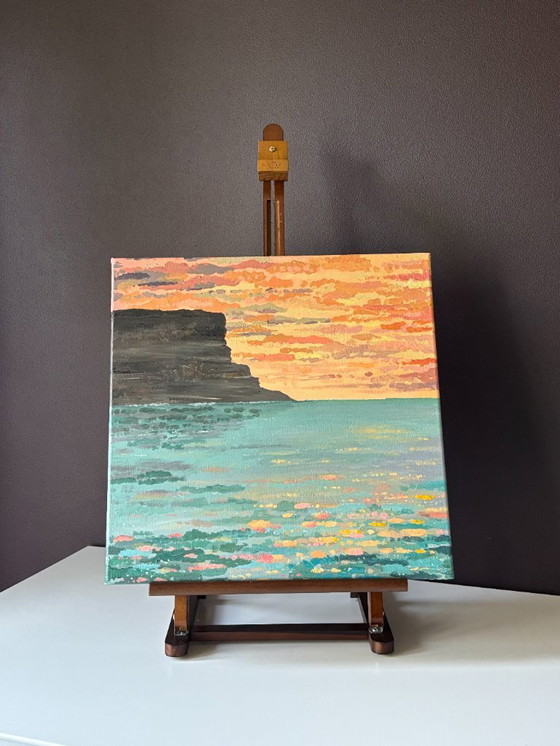 Image 1 of Impressionistisch zeegezicht schilderij – kleurrijke zonsopkomst boven zee | Facing West