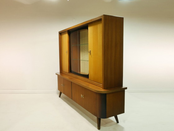 Image 1 of Vintage Wohnzimmerschrank 60er Jahre, Cocktailschrank Hausbar, Vitrine mit Glasschiebetüren, Mid Century Highboard, Deutschland