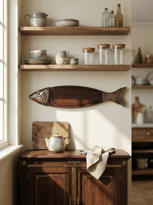 Grand plateau de service à saumon bois et métal argenté vintage années 60