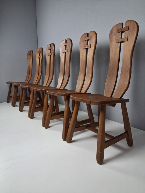 Set van 8 Vintage Brutalistische Stoelen De Puydt, Jaren 60 - 70 – Merk onbekend, Eetkamerstoelen, Wood (photo 3 of 10)