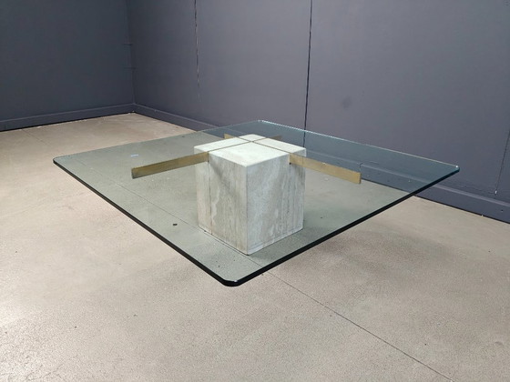 Image 1 of Couchtisch aus Travertin und Messing von Artedi, 1980er Jahre