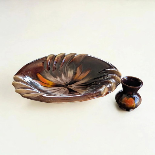 Vintage Fruit Bowl with Matching Small Vase | 70s Ceramic in Brown-Orange-Beige by Dümler&Breiden, Handmade from Höhr-Grenzhause