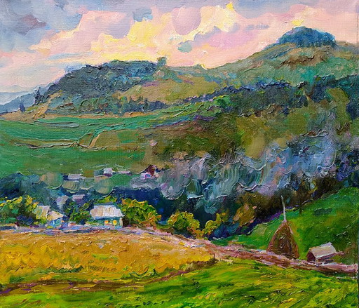Original Oil Painting Landscape Nature Village Evening in the Mountains – schilderijen tekeningen, Canvas