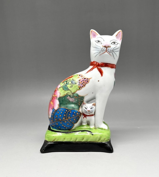 Hand-Painted Ceramic Figurine – Cat with Kitten – Asian Decor