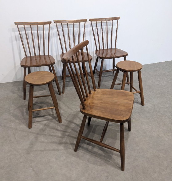 Image 1 of Four vintage slatted chairs with two stools.