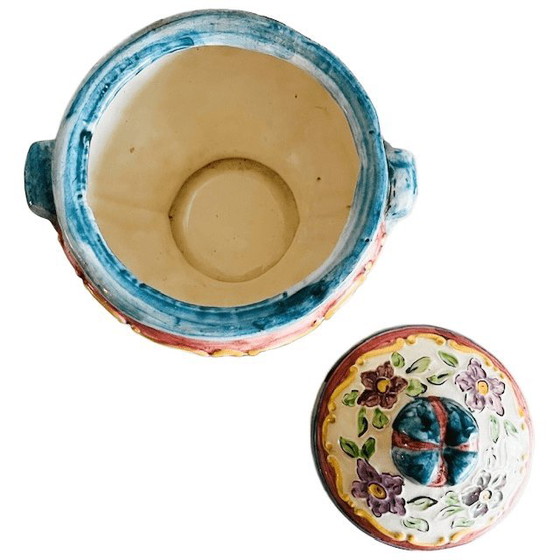 Image 1 of Vintage mid-century hand-painted bonbonnière Rigo Majolica flower lidded jar 1950s