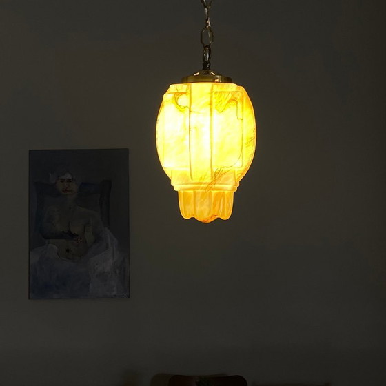 Image 1 of Art Deco Skyscraper Chandelier Pendant Light in Marbled Yellow Gold Opaline Glass