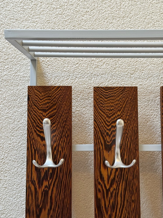 Image 1 of Vintage Retro Wooden Coat Rack with 24 Hooks, Mirror and Storage