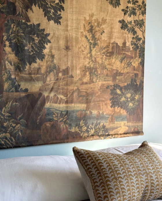 Image 1 of Handmade 100% LINEN 'Golden Tapestry' wall hanging - 17th century fragment print - ready to hang