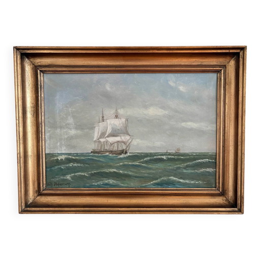 Peinture à l'huile originale vintage représentant une marine, signée, paysage côtier