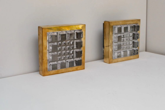 Image 1 of Schwedische brutalistische Wandlampen aus Glas und Messing von Falkenbergs Belysning, 2er-Set