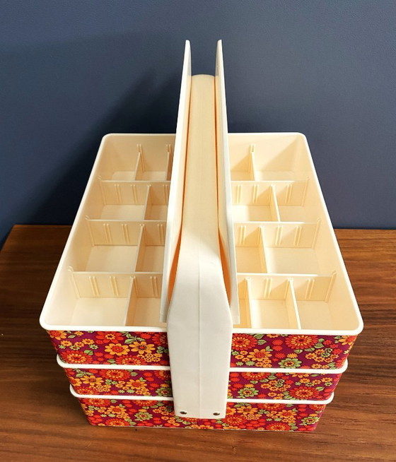 Image 1 of 1970s plastic sewing box with flowerprint in original box