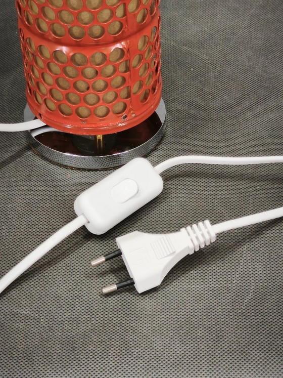 Pair of Red Perforated Metal Space Age Table Lamps, Czechoslovakia, 1970s, Chrome (photo 12 of 13)