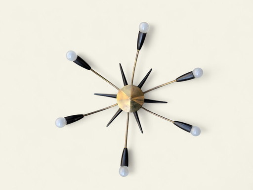 Rare Sputnik Spider ceiling light - 6-arm space age lamp from the 60s, brass & black