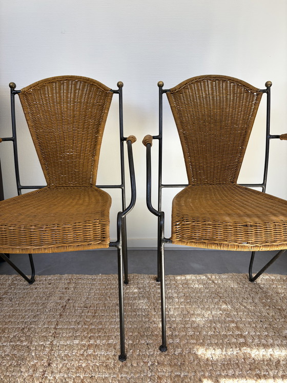 Image 1 of Ensemble de chaises vintage en rotin et fer forgé Frederick Weinberg