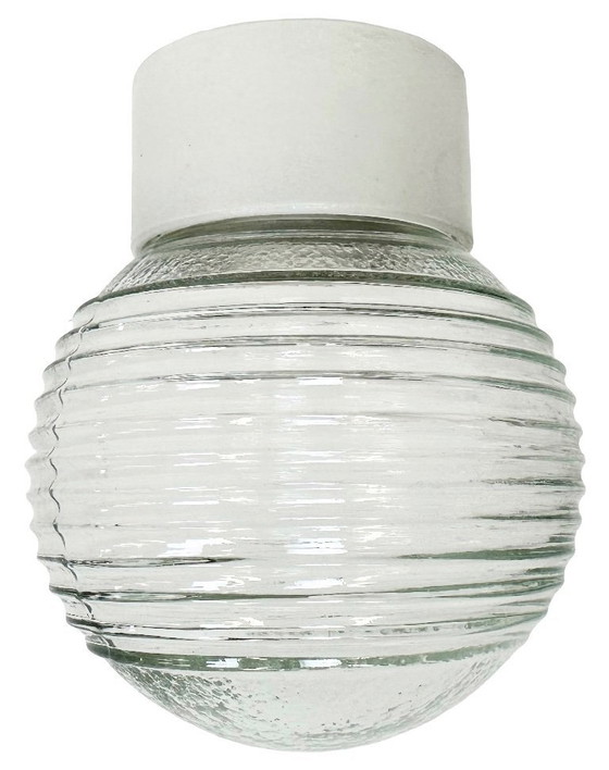 Image 1 of Vintage witte porseleinen plafondlamp met geribbeld glas, jaren 70