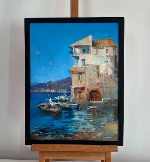 Original Oil Painting Coastal City Landscape Waiting for the tide