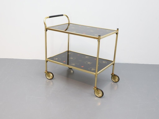 Vintage trolley / messing glas / goud zwart / wieltjes