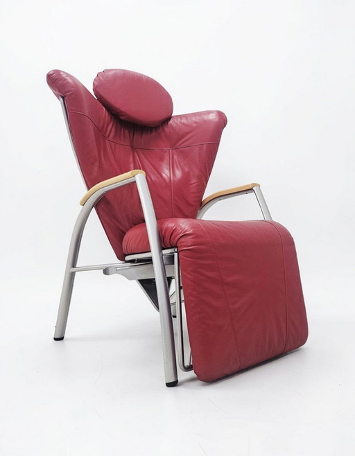 Rara poltrona reclinabile Bonaldo "Skipper" in pelle rossa, design postmoderno italiano