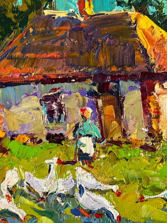 Image 1 of Original Oil Painting Rural Landscape Village Geese in the Yard