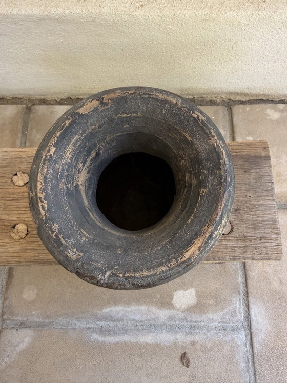 Image 1 of Set of 3 Nepalese Indian pots, carved black wood, tribal & wabi-sabi style