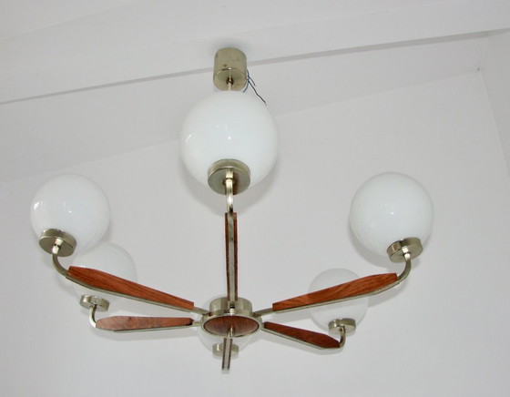 Image 1 of Modern chandelier from the 1970s – metal, teak wood and glass, 6xE14