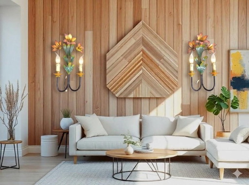 Par de lámparas de pared antiguas, hierro forjado XX, flores y lirios, vintage, siglo XX