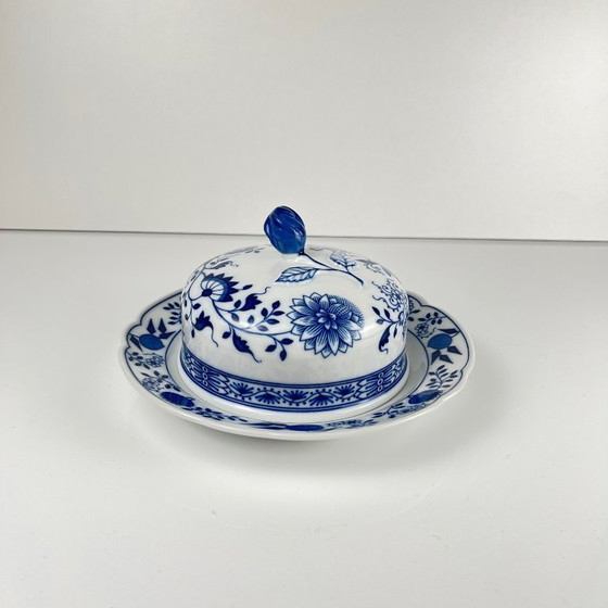Image 1 of Grote ronde botervloot Hutschenreuther blauw uien porselein Duitsland vintage zeldzaam