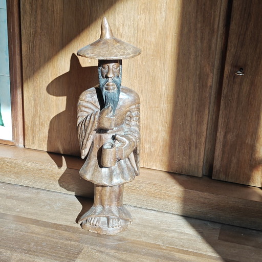 Large Hand-Carved Wooden Chinese Scholar Sculpture | 54 cm | Solid Wood
